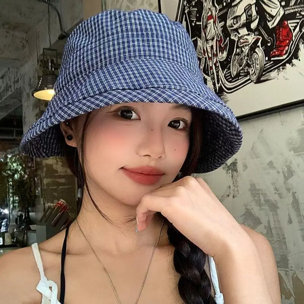 casquette seau à carreaux d'été japonaise, chapeau de soleil à carreaux bouclés à séchage rapide, casquette de pêcheur pliable avec nœud pour femmes casquette seau à carreaux d'été japonaise, chapeau de soleil à carreaux bouclés à séchage rapide, casquette de pêcheur pliable avec nœud pour femmes