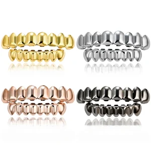 Hip Hop-Dents supérieures plaquées or 18 carats pour hommes et femmes, 8 dents inférieures, accessoires de bijoux de fête, accolades en or véritable