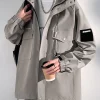 veste pour hommes style coréen multi poches coupe vent à capuche unisexe manteau surdimensionné streetwear noir coupe vent vestes décontractée