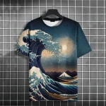 Grue vagues motif T-Shirt pour hommes chinois Koi poisson impression 3D t-shirts été décontracté ample à manches courtes haut col en o unisexe t-shirts