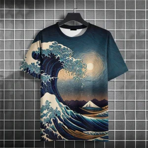 Grue vagues motif T-Shirt pour hommes chinois Koi poisson impression 3D t-shirts été décontracté ample à manches courtes haut col en o unisexe t-shirts