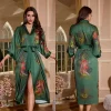 Peignoir Kimono en Satin pour Femme, Vêtements de Nuit, Grue Verte, Imprimé, Lingerie