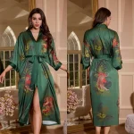 Peignoir Kimono en Satin pour Femme, Vêtements de Nuit, Grue Verte, Imprimé, Lingerie