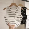 nouveau gilet tenue de femme rayé large bord tempérament haut d'été court tricot sans manches bas chemise