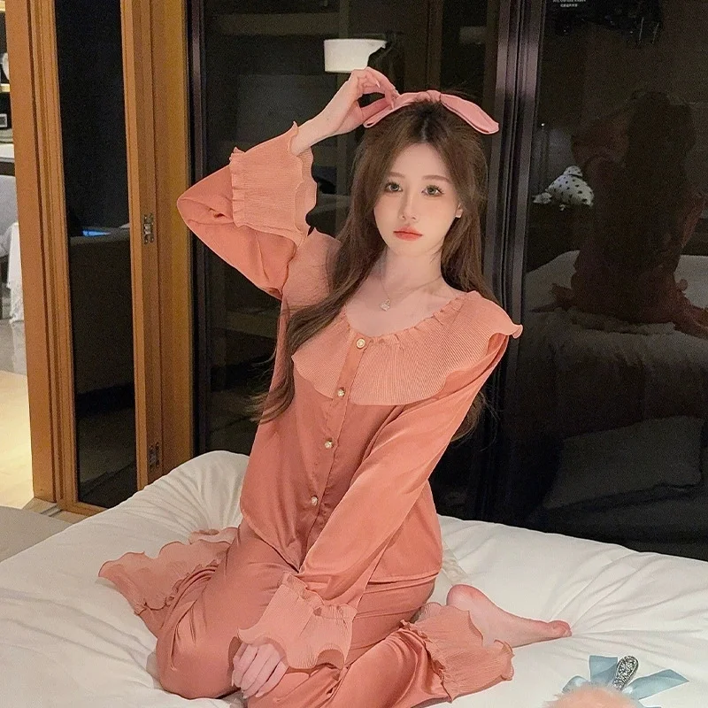 pyjama en soie glacée pour femme, manches longues, mignon, nouveau style, soie fine, à volants, chemise et pantalon, vêtements de détente, printemps automne pyjama en soie glacée pour femme, manches longues, mignon, nouveau style, soie fine, à volants, chemise et pantalon, vêtements de détente, printemps automne