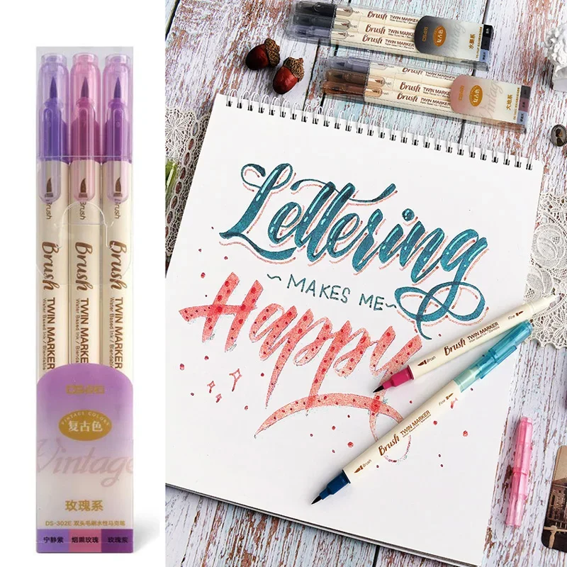 ensemble de stylos pinceaux de calligraphie de couleur rétro, 3 pièces, artisanat de scrapbooking, pointe souple, doublure fine double face, marqueurs de dessin de lettrage artistique ensemble de stylos pinceaux de calligraphie de couleur rétro, 3 pièces, artisanat de scrapbooking, pointe souple, doublure fine double face, marqueurs de dessin de lettrage artistique