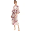 peignoir kimono à manches mi sulfpour femme, robe longue en satin imprimé floral, vêtements de nuit pour la maison
