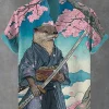 chemise en lin imprimé chat kimono de style japonais pour hommes, col montant à la mode, manches courtes, expédition rapide, été