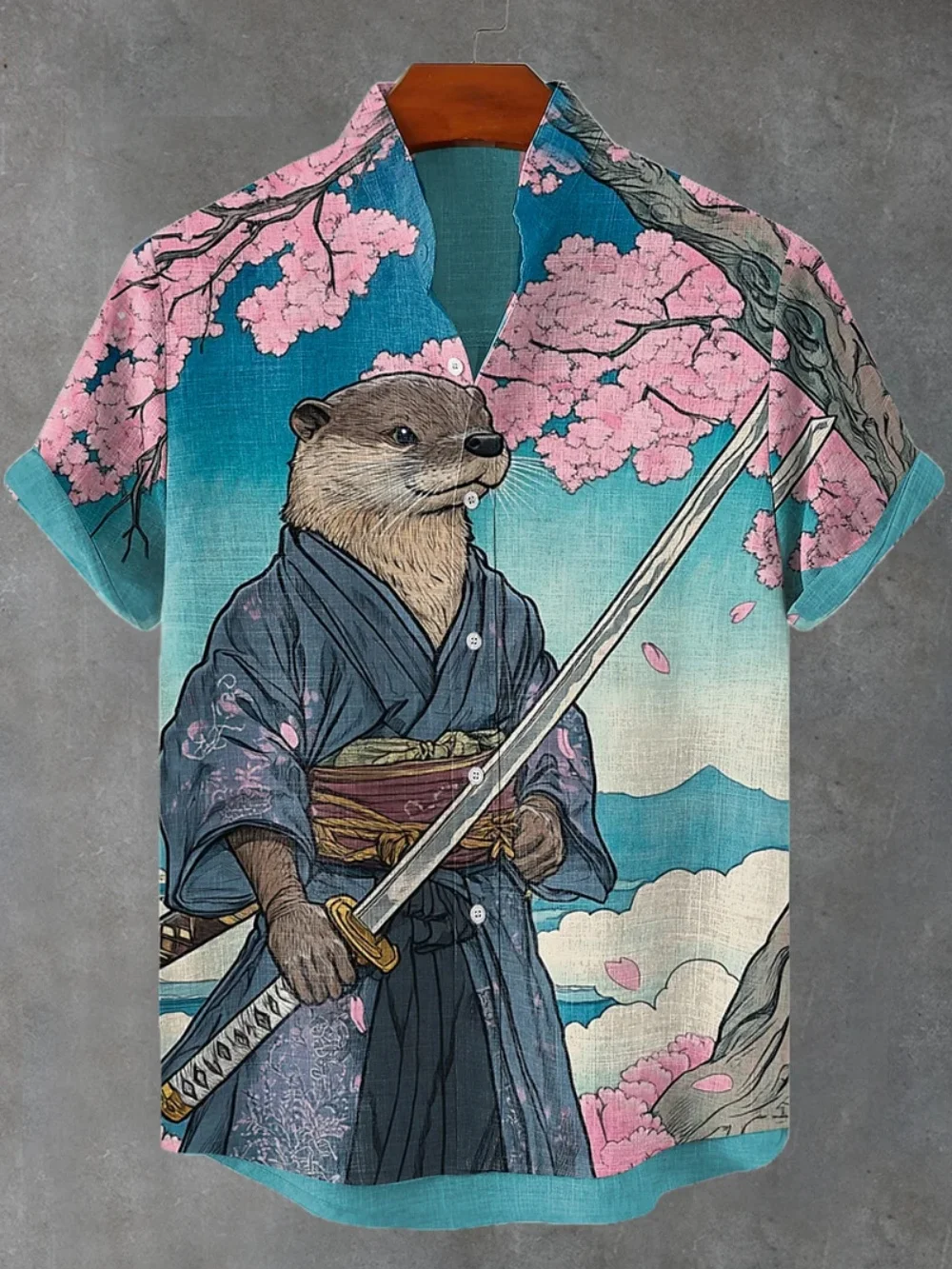 chemise en lin imprimé chat kimono de style japonais pour hommes, col montant à la mode, manches courtes, expédition rapide, été chemise en lin imprimé chat kimono de style japonais pour hommes, col montant à la mode, manches courtes, expédition rapide, été