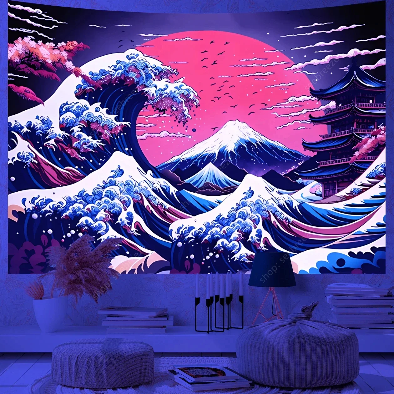 tapisserie murale japonaise réactive uv, grandes vagues, mont fuji, pour décoration de chambre, rideau esthétique, couverture, décoration murale de maison tapisserie murale japonaise réactive uv, grandes vagues, mont fuji, pour décoration de chambre, rideau esthétique, couverture, décoration murale de maison