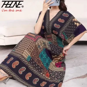 Robe longue en ULstyle bohème pour femmes, vêtement décontracté, élégant, rétro, bohème, col en V, imprimé coréen, été