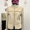Veste patchwork tricotée beige simple, style coréen Harajuku, col haut, rétro, fermeture éclair chaude, manches longues, design haut de gamme y2k