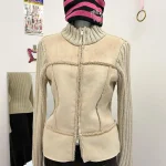 Veste patchwork tricotée beige simple, style coréen Harajuku, col haut, rétro, fermeture éclair chaude, manches longues, design haut de gamme y2k Veste patchwork tricotée beige simple, style coréen Harajuku, col haut, rétro, fermeture éclair chaude, manches longues, design haut de gamme y2k