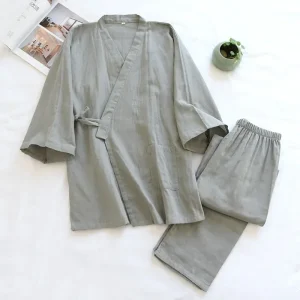 Pyjama japonais en gaze à lacets pour hommes, kimono d&rsquo;été et d&rsquo;automne, confortable, manches à cinq points, vêtements de nuit trempés