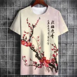 T-shirt homme japonais motif fleur de cerisier Style chinois 3D fleur de prunier calligraphie O cou hauts rue décontracté unisexe t-shirts