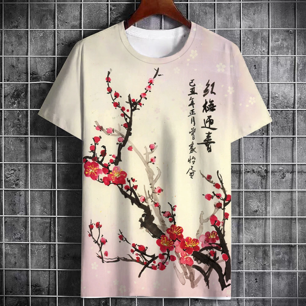 T-shirt homme japonais motif fleur de cerisier Style chinois 3D fleur de prunier calligraphie O cou hauts rue décontracté unisexe t-shirts T-shirt homme japonais motif fleur de cerisier Style chinois 3D fleur de prunier calligraphie O cou hauts rue décontracté unisexe t-shirts