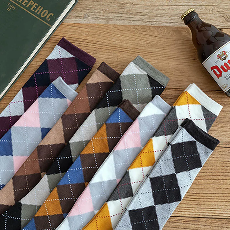 chaussettes hautes en coton à motif losange pour femmes, bas de style collège, garder au chaud, style japonais, automne, hiver, 1 paire chaussettes hautes en coton à motif losange pour femmes, bas de style collège, garder au chaud, style japonais, automne, hiver, 1 paire