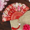 Éventail en soie vintage à motif floral, décoratif pour fête de mariage, chinois, japonais, pompon en bambou, danse, à main, 2023