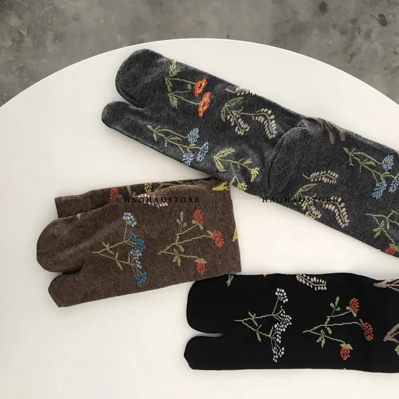 chaussettes en coton à bout fendu pour femme, élégantes, rétro, motifs floraux végétaux, doux, tube central à deux orteils, tabi sox, printemps automne chaussettes en coton à bout fendu pour femme, élégantes, rétro, motifs floraux végétaux, doux, tube central à deux orteils, tabi sox, printemps automne