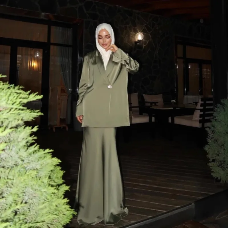 ensemble 2 pièces en satin pour femmes musulmanes, élégant, solide, blazer, col, manteau, jupes longues, ensemble assorti, nouveau streetwear populaire, printemps 2025 ensemble 2 pièces en satin pour femmes musulmanes, élégant, solide, blazer, col, manteau, jupes longues, ensemble assorti, nouveau streetwear populaire, printemps 2025