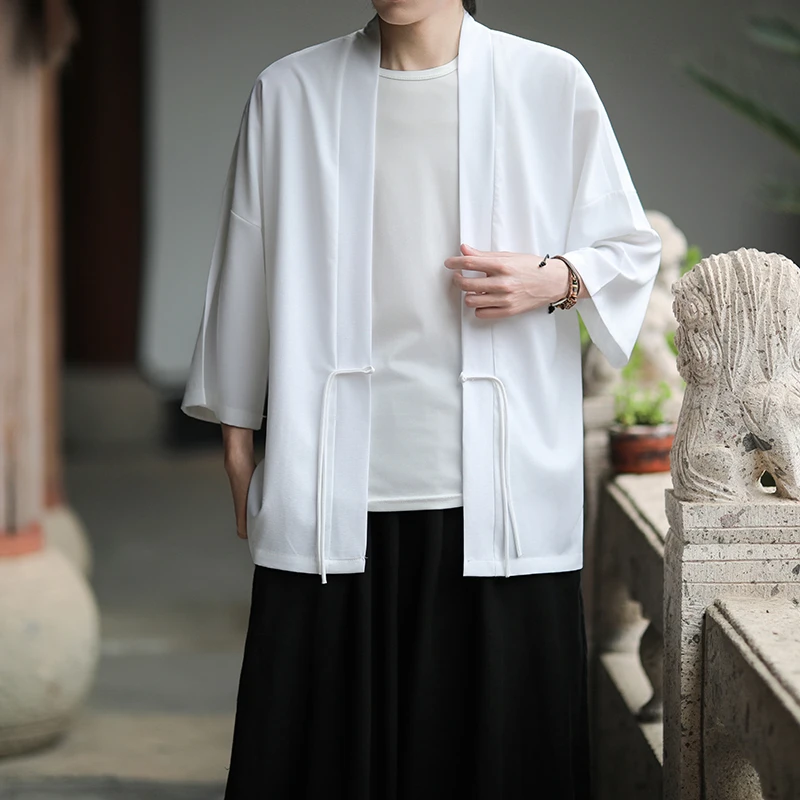 ensemble de tenue d'été de style chinois, respirant, couleur unie, manches 3/4, bouton de nœud, chemise kimono combo, coupe ample, vêtements de fusion asiatique 5xl ensemble de tenue d'été de style chinois, respirant, couleur unie, manches 3/4, bouton de nœud, chemise kimono combo, coupe ample, vêtements de fusion asiatique 5xl