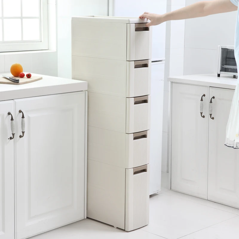 Armoire latérale de Style japonais pour cuisine, réfrigérateur, unité de rangement sur pied pour salle de bain, étagère de rangement à tiroirs multicouches de 18cm Armoire latérale de Style japonais pour cuisine, réfrigérateur, unité de rangement sur pied pour salle de bain, étagère de rangement à tiroirs multicouches de 18cm