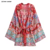 BO00-Cardigan kimono imprimé paon à fleurs rouges pour femmes, manches longues chauve-souris, ceinture à nœud, chemise, robe adt, cape de plage, vacances