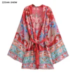BO00-Cardigan kimono imprimé paon à fleurs rouges pour femmes, manches longues chauve-souris, ceinture à nœud, chemise, robe adt, cape de plage, vacances BO00-Cardigan kimono imprimé paon à fleurs rouges pour femmes, manches longues chauve-souris, ceinture à nœud, chemise, robe adt, cape de plage, vacances