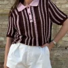 hauts tricotés à rayures pour femmes, pull ample décontracté, à la mode, manches courtes, boutons, revers, costume short, nouvelle collection été