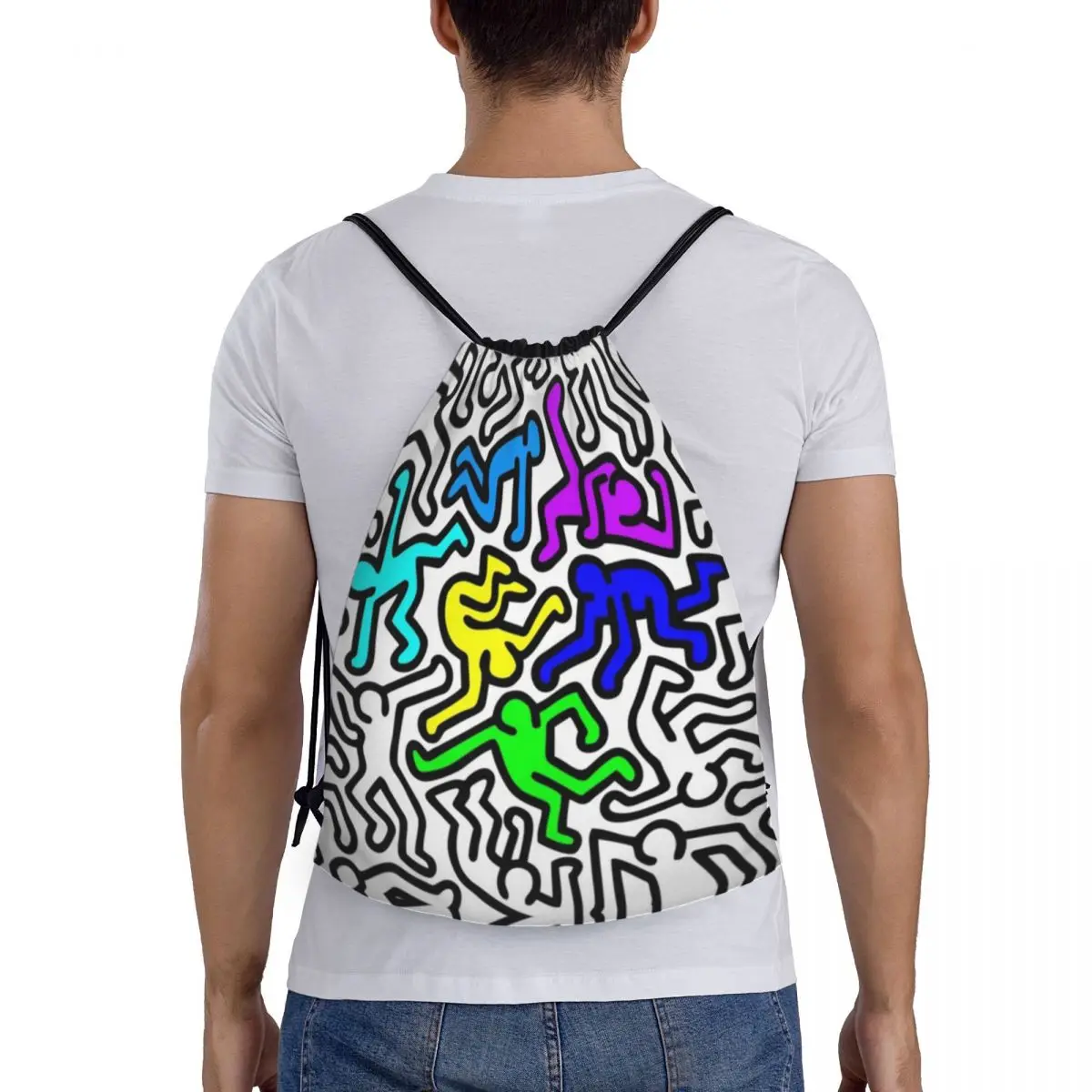 haring figures dancers proximity wstring sac à dos pour femme, sac de sport pliable, sac à provisions abstrait géométrique, rap et graffiti haring figures dancers proximity wstring sac à dos pour femme, sac de sport pliable, sac à provisions abstrait géométrique, rap et graffiti