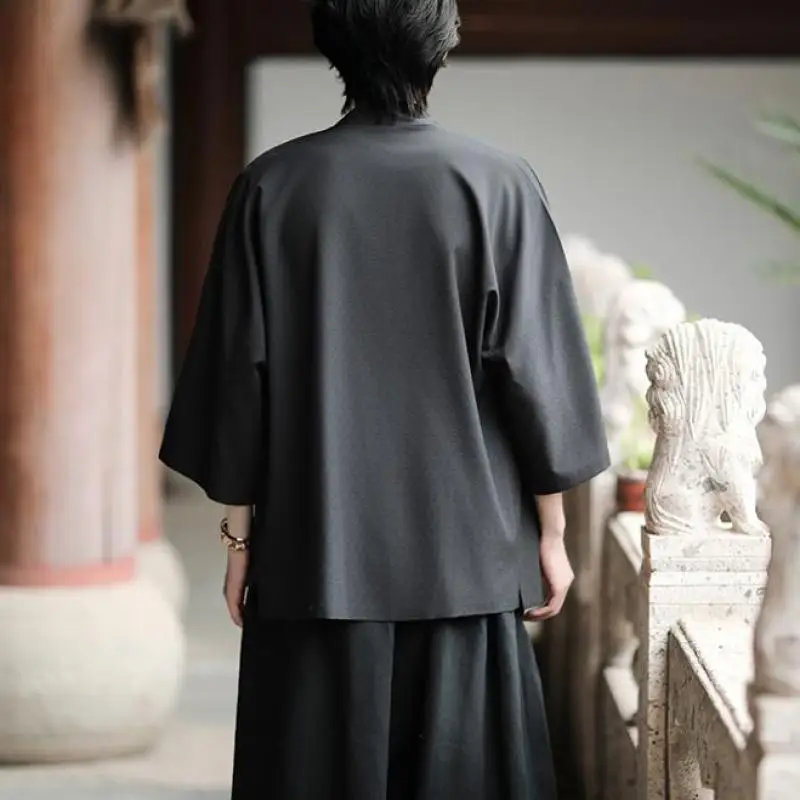 ensemble de tenue d'été de style chinois, respirant, couleur unie, manches 3/4, bouton de nœud, chemise kimono combo, coupe ample, vêtements de fusion asiatique 5xl ensemble de tenue d'été de style chinois, respirant, couleur unie, manches 3/4, bouton de nœud, chemise kimono combo, coupe ample, vêtements de fusion asiatique 5xl