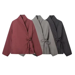 HH nouvelle femme hiver polyvalent couleur unie manches longues à lacets décoration Style Kimono coton veste femme mode manteau décontracté