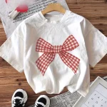 T-shirt manches courtes col rond femme, décontracté, imprimé à motif de nœud à carreaux, confortable, coupe régulière, usage quotidien