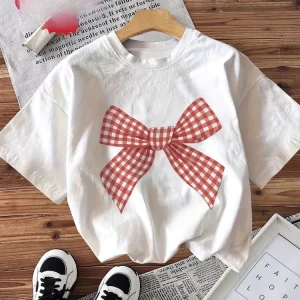 T-shirt manches courtes col rond femme, décontracté, imprimé à motif de nœud à carreaux, confortable, coupe régulière, usage quotidien T-shirt manches courtes col rond femme, décontracté, imprimé à motif de nœud à carreaux, confortable, coupe régulière, usage quotidien