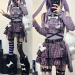 Ensemble deux pièces gothique japonais Harajuku Y2K pour femmes, sweat à capuche rayé à épaules dénudées + jupes à gâteau à carreaux Punk, ensemble de sous-culture pour fille chaude Ensemble deux pièces gothique japonais Harajuku Y2K pour femmes, sweat à capuche rayé à épaules dénudées + jupes à gâteau à carreaux Punk, ensemble de sous-culture pour fille chaude
