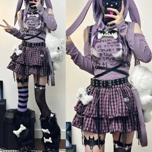 Ensemble deux pièces gothique japonais Harajuku Y2K pour femmes, sweat à capuche rayé à épaules dénudées + jupes à gâteau à carreaux Punk, ensemble de sous-culture pour fille chaude Ensemble deux pièces gothique japonais Harajuku Y2K pour femmes, sweat à capuche rayé à épaules dénudées + jupes à gâteau à carreaux Punk, ensemble de sous-culture pour fille chaude