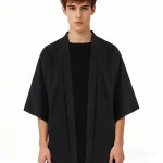 Chemises kimono japonais pour hommes, décontractées, point ouvert, léger, Yukata, mode, cardigan noir, manches 3/4, vêtements d&rsquo;extérieur pour les vacances d&rsquo;été