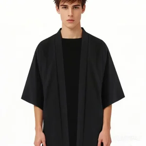 Chemises kimono japonais pour hommes, décontractées, point ouvert, léger, Yukata, mode, cardigan noir, manches 3/4, vêtements d&rsquo;extérieur pour les vacances d&rsquo;été