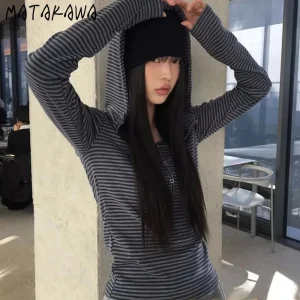 Matakawa Y2k vêtements rayures t-shirt pour femmes à capuche printemps automne Ropa De Mujer Grunge mode coréenne Vintage Camisetas Matakawa Y2k vêtements rayures t-shirt pour femmes à capuche printemps automne Ropa De Mujer Grunge mode coréenne Vintage Camisetas