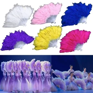 Éventail à main en plumes artificielles, artisanat de Style chinois, décoration de Performance classique, élégant, pour fête de danse chinoise, pliant
