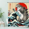 rideau de douche chat japonais, art ondulé de coucher de soleil d'anime vintage, tissu imperméable avec crochets