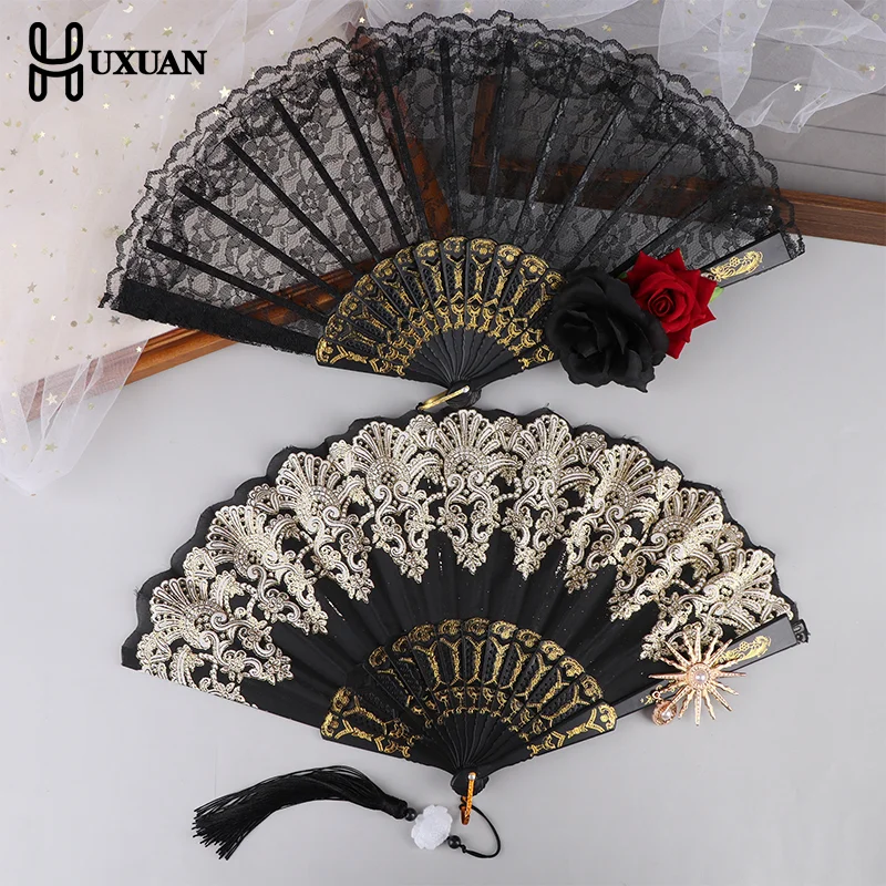 Éventail pliant en dentelle pour femmes, en tissu noir et blanc, avec pompons, danse de Style ancien, pour cadeaux de fête de mariage Éventail pliant en dentelle pour femmes, en tissu noir et blanc, avec pompons, danse de Style ancien, pour cadeaux de fête de mariage