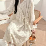 Chemise de nuit pour femmes printemps automne mince Kimono chemise de nuit à pois à manches longues vêtements de maison amples pyjama Lingeries pyjamas mignon