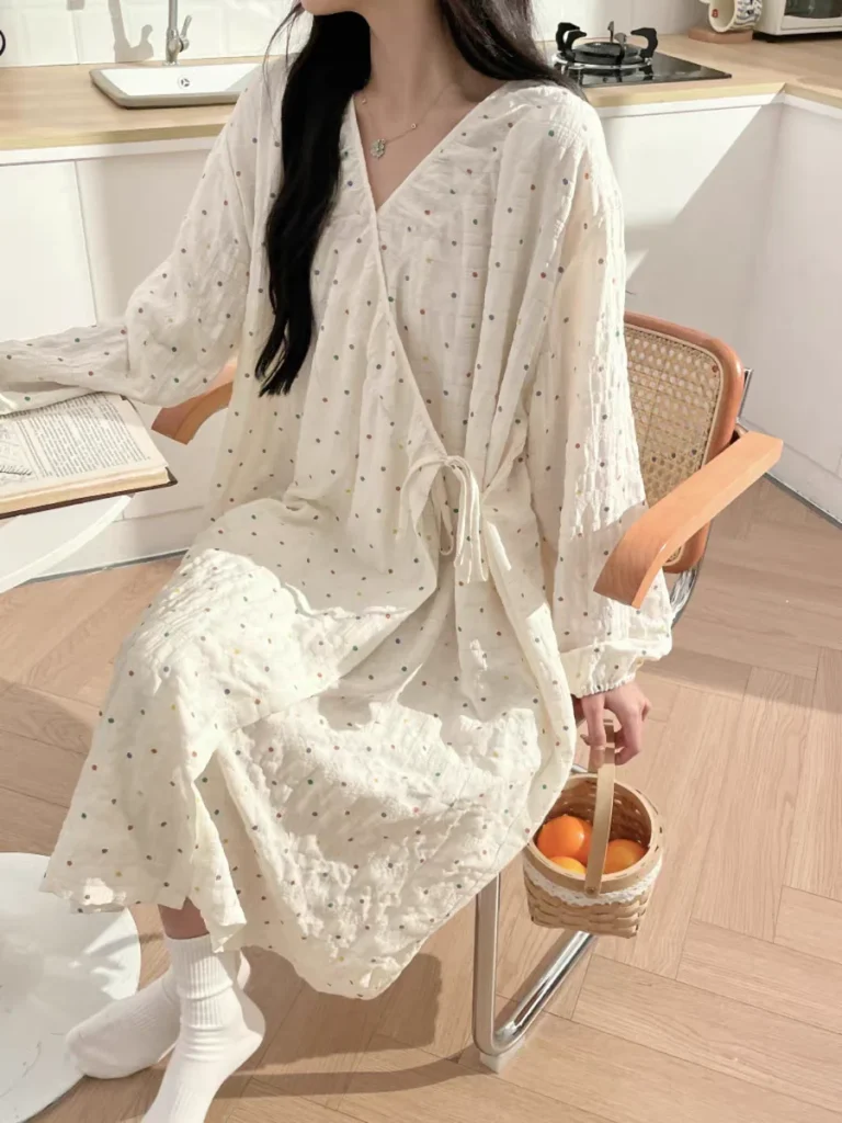 Chemise de nuit pour femmes printemps automne mince Kimono chemise de nuit à pois à manches longues vêtements de maison amples pyjama Lingeries pyjamas mignon Chemise de nuit pour femmes printemps automne mince Kimono chemise de nuit à pois à manches longues vêtements de maison amples pyjama Lingeries pyjamas mignon