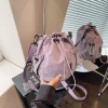 sac seau à cordon de serrage de style coréen, sac à bandoulière en nylon froissé de couleur unie, sac à bandoulière réglable de grande capacité