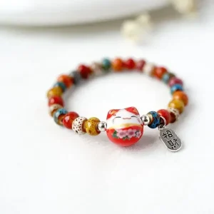 Bracelet chat porte-bonheur mignon pour filles, Bracelets de perles colorés réglables, pendentif chat en céramique Harajuku, bijoux à breloques