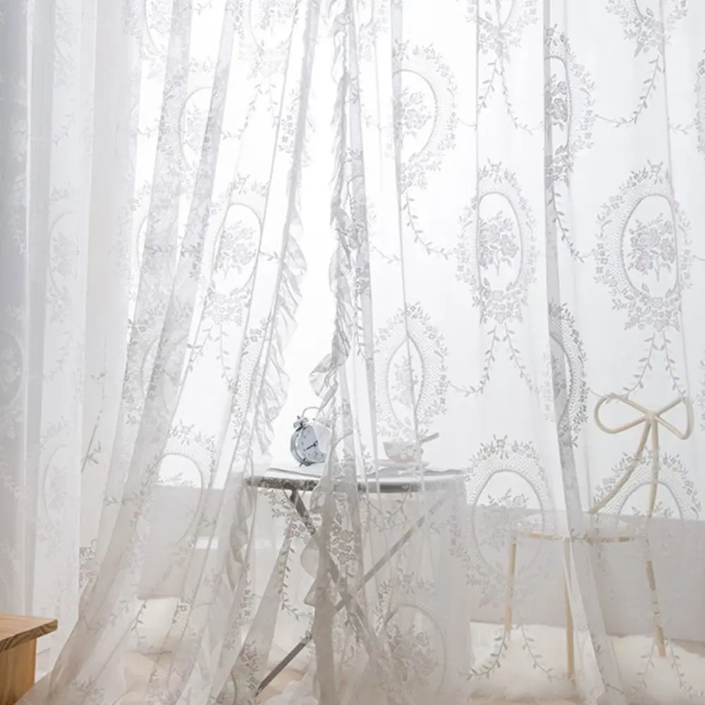 rideau français en dentelle florale, 2 pièces, bord à volants, rétro rustique, transparent, en gaze brodée, pour chambre à coucher rideau français en dentelle florale, 2 pièces, bord à volants, rétro rustique, transparent, en gaze brodée, pour chambre à coucher