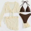 2025 sexy quatre pièces femmes maillot de bain à manches longues couvrir maillots de bain été solide bikini ensemble brésilien maillots de bain fête maillot de bain