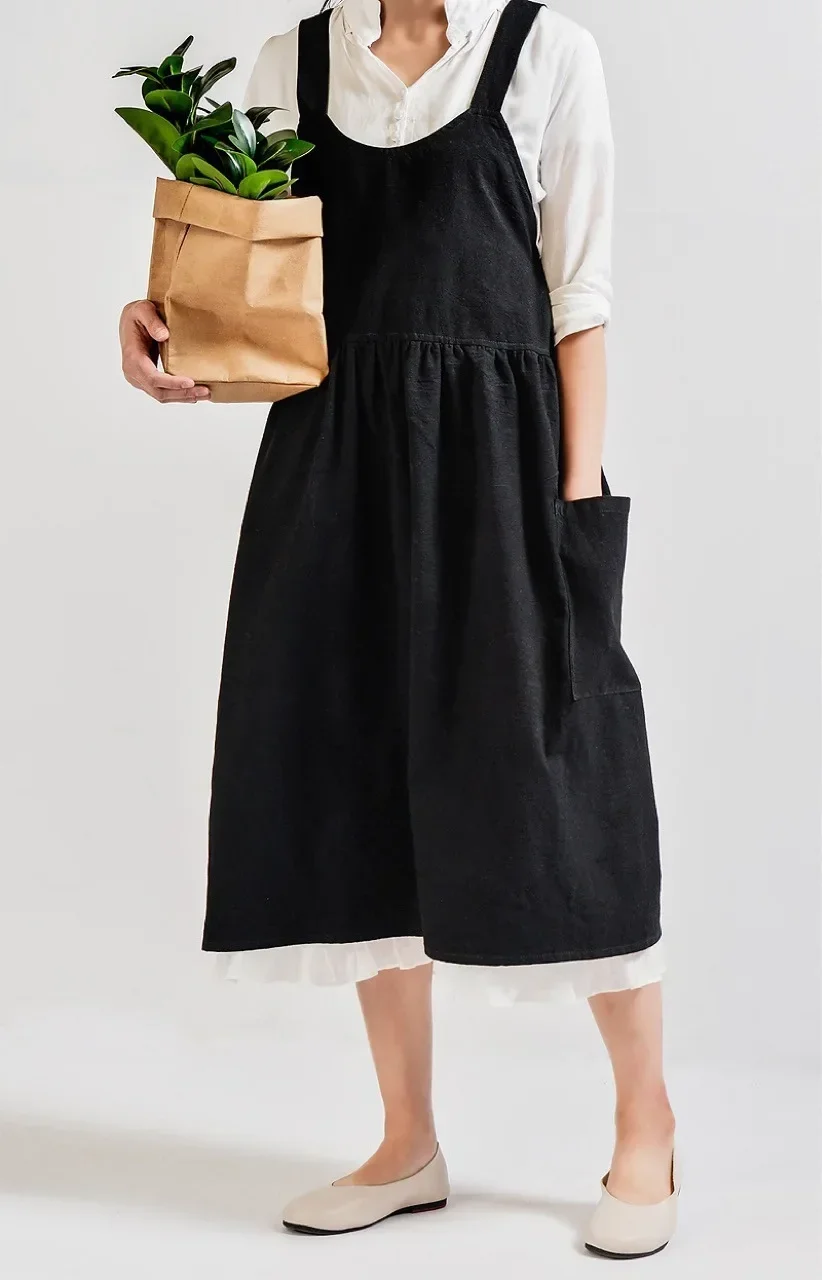 tablier en coton et lin pour femmes, dos croisé, pour travaux ménagers japonais, enveloppe de cuisson avec poche, robe de fleuriste, couleur unie, tablier de cuisine de jardin tablier en coton et lin pour femmes, dos croisé, pour travaux ménagers japonais, enveloppe de cuisson avec poche, robe de fleuriste, couleur unie, tablier de cuisine de jardin