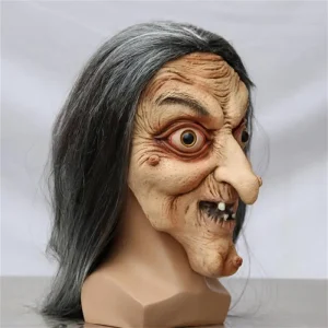 Couvre-tête de Sorcière à Cheveux Longs pour Halloween, Masque de Vieil Homme, Cosplay de ix, Maison Hantée, Accessoires Effrayants, Coiffe Complète en Latex pour Adulte